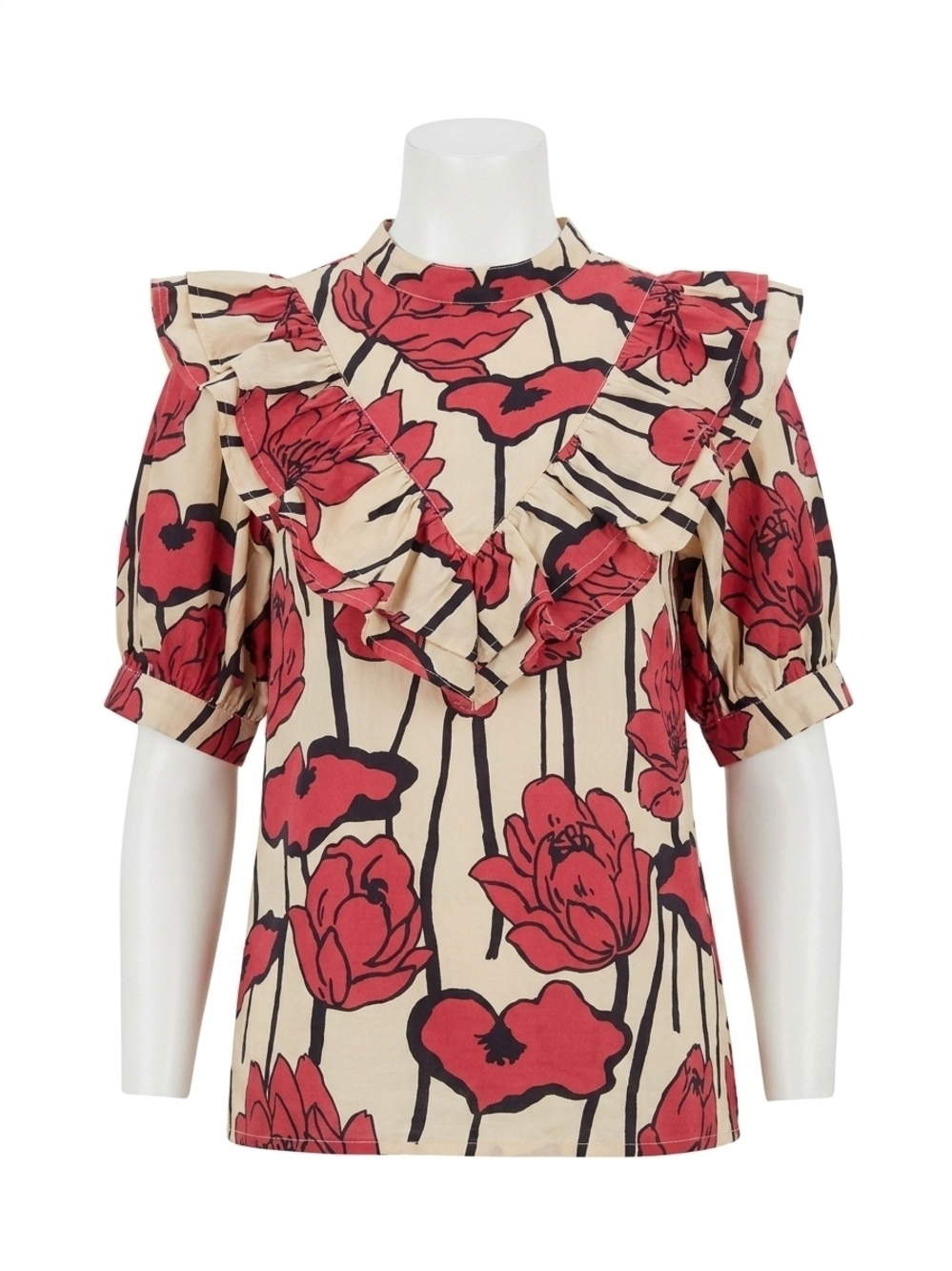 NEW ENTRO floral ruffle mock neck top in red